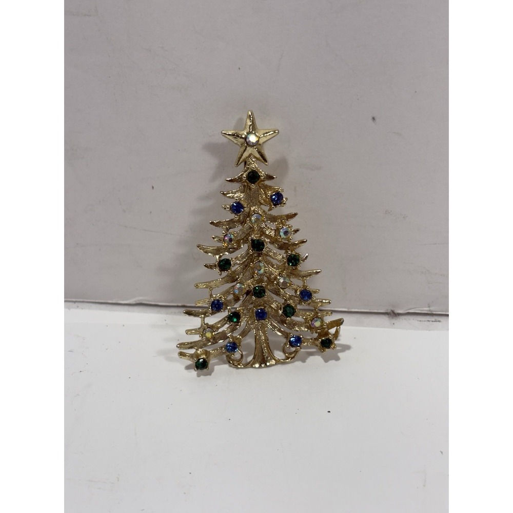Signed Tancer II Rhinestone Gold Tone Star Christmas Tree Pin vintage Brooch
